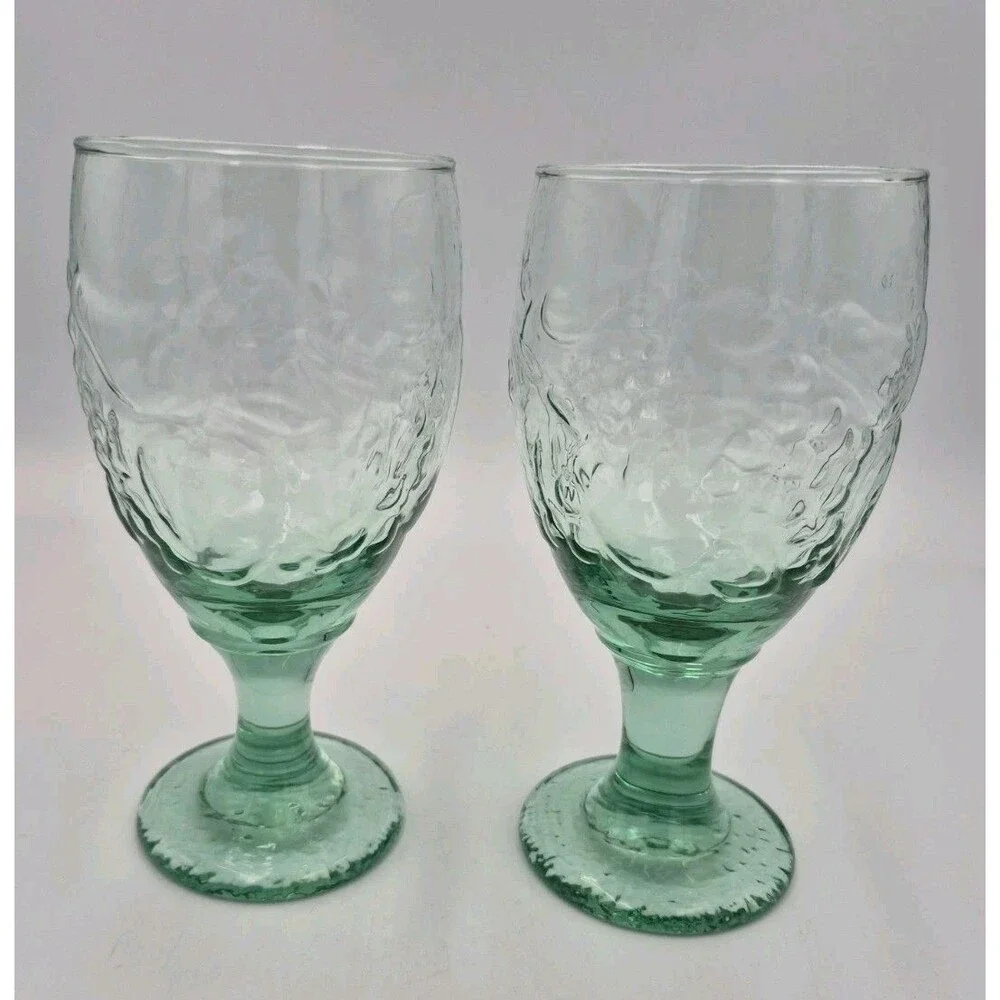 Set of 2 VTG Libbey Glass Orchard Fruit Pattern Green Tinted Footed Goblets 7